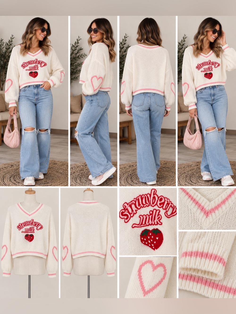 Romwe Cropped Sweater / Strawberry Milk Pullovet